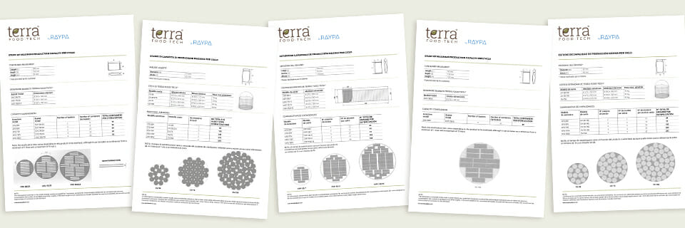 Muestras del cálculo de capacidad productiva para los diferentes tipos de envase en las autoclaves TERRA Food-Tech®, útil para productores locales en obradores compartidos.